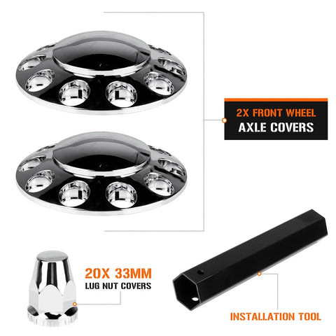 Domed Front Axle Cover Kit For Semi Trucks With Screw On 33mm Lug Nut Chrome ABS Plastic 10 Hole Removable Caps 2 Pack