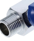 Close up of quarter inch solid brass mini ball valve with npt thread shut off handle for tight pneumatic applications.