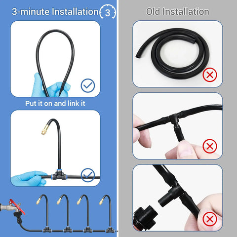 Comparison of 65 Foot Drip Irrigation Kit With Quick Connect Micro Mist No Fuss Watering System For Greenhouse And Garden Plug And Play DIY Setup Covers 215 Sq Ft Includes Distribution Tubing Tees Sprinkler Heads Ties And More installation versus traditional method