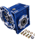Blue 30 To 1 Worm Gear Speed Reducer MRV063 with 56C mount and hollow shaft, shown with mounting hardware.