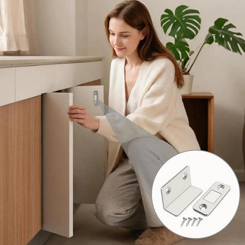 Woman demonstrating Ultra Thin Magnetic Door Catch 2 Pack No Drill Self Adhesive Invisible Cabinet Latch for strong hold.
