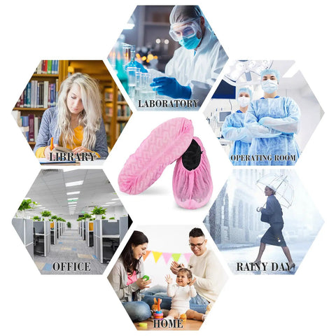 Collage of 100 Pack Disposable Indoor Shoe Covers Non Slip Durable Recyclable Non Woven Booties One Size Fits All Pink with usage scenarios.