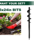 3x24 Inch Garden Auger Drill Bit for 3 by 8 Hex Drive, Heavy Duty Steel Planting Auger next to flowering plants and gardening tool.