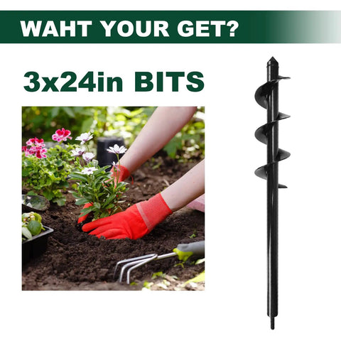 3x24 Inch Garden Auger Drill Bit for 3 by 8 Hex Drive, Heavy Duty Steel Planting Auger next to flowering plants and gardening tool.