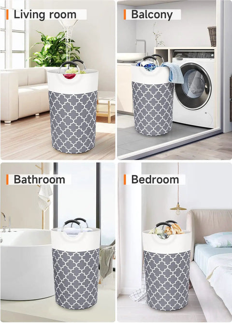 Giant 82L Collapsible Laundry Basket With Aluminum Soft Grip Handles Waterproof Hamper shown in living room, balcony, bathroom, bedroom.