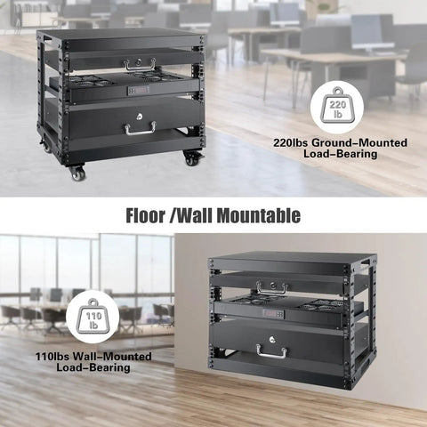 Built Different Pro Rig Open Frame Server Rack With Smooth Roll Wheels Free Standing Network Cabinet For Servers And AV Equipment Black 9U Rolling Stand Heavy Duty Build showcasing 220lbs load capacity.