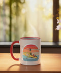 Vintage Autogyro Ceramic Mug With Retro Motif In Red And White 11 Ounce Microwave And Dishwasher Safe Perfect Aviation Enthusiast Gift For Gyroplane Fans on wooden table with window view