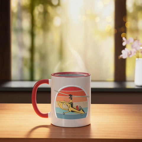 Vintage Autogyro Ceramic Mug With Retro Motif In Red And White 11 Ounce Microwave And Dishwasher Safe Perfect Aviation Enthusiast Gift For Gyroplane Fans on wooden table with window view