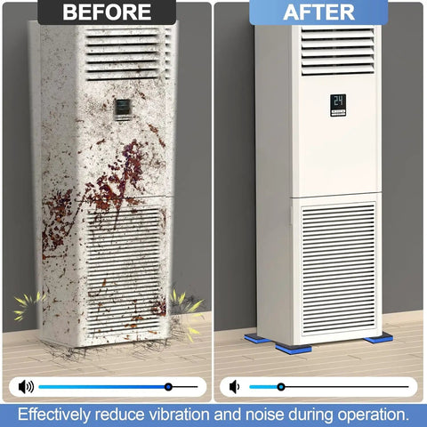 Before and after image showing air conditioner with and without 8 Pack Anti Vibration Pads for Washing Machines and Home Appliances installed.