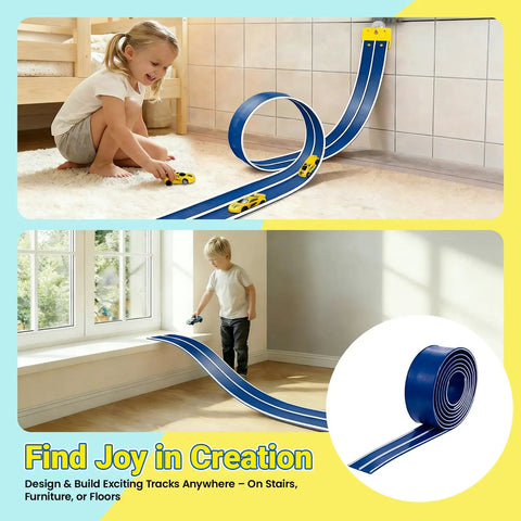 Child playing with 15-Foot Build-Your-Own Creative Race Track Set For Kids With Bold Blue And White Track Toy Cars on floor