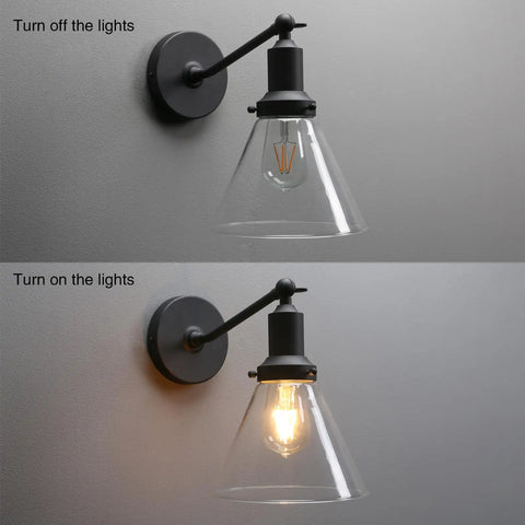 Industrial Vintage Wall Sconce Light Fixture With Slope Pole Mount And Funnel Flared Clear Glass Shade, Matte Black Finish, on and off stages