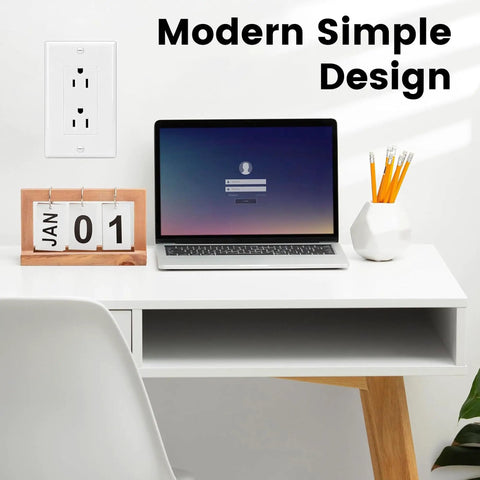 Decorator Receptacle Outlet With Wall Plate 15 Amp 125 Volt Non Tamper Resistant Electrical Outlet Self Grounding UL Listed White Pack Of 20 next to a desk setup with Modern Simple design text.