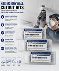 Rock Solid 5/32 Inch Drywall Cut Out Bits With Dead On Guide Points For Smooth HSS Gypsum Routing And Precise Can Light Slots Quick Outlet Box Tracing Pro Level Rotary Tool Drills 100 Pack displayed next to a professional using a drill.