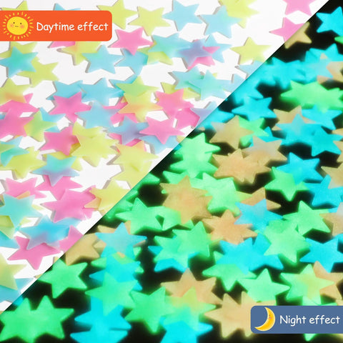 Glow In The Dark Luminous Star Wall Decals Set 100 Multicolor Pieces For Kids Room Nursery And Ceiling Decor Easy Peel And Stick Lit Night Sky Glow In The Dark Wall Stickers For Bedroom showing day and night effect