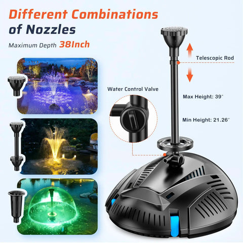 All In One Pond Filter Kit With UV Clarifier And 660GPH Submersible Pump RGB LED Lights Remote Control Versatile Fountain Nozzles