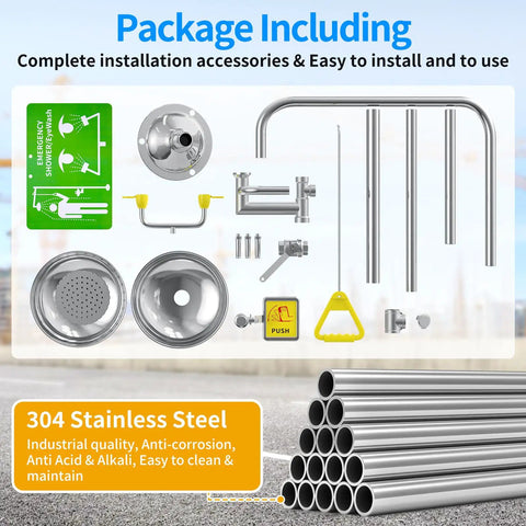 Package components including 304 stainless steel parts for Heavy Duty Combination Emergency Eye Wash Shower Station.