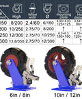 Heavy Duty Swivel Casters With Brakes Four Pack Two Fixed Plus Two Swivel, 6in and 10in sizes, solid rubber wheels, industrial use.