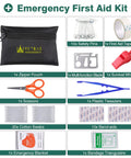 Emergency first aid kit contents with zipper pouch, safety pins, scissors, whistle, cotton swabs, and more.