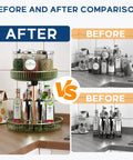 Before and after comparison showing kitchen countertop with and without Small 4 Inch Acrylic Lazy Susan Rotation Organizer.