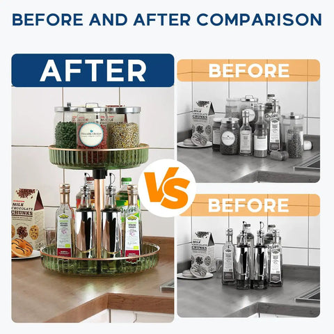Before and after comparison showing kitchen countertop with and without Small 4 Inch Acrylic Lazy Susan Rotation Organizer.