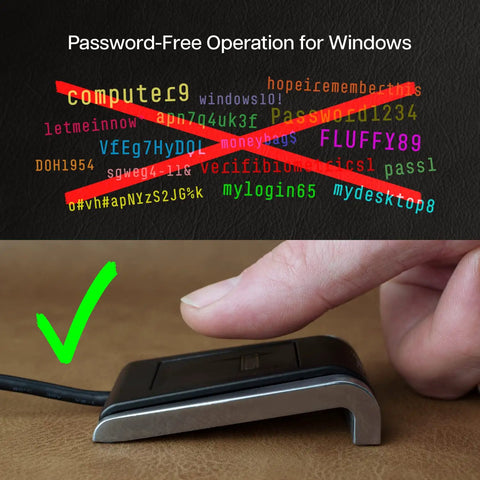 Fast USB Fingerprint Reader For Windows Hello And Passkey Login No Fuss Biometric Security For Your PC With Aluminum Finish In Black And Silver Works With Password Managers And Microsoft Services shown in use