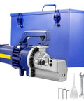 Huge Power Electric Hydraulic Rebar Cutter with blue carrying case and tools for efficient steel rod cutting.