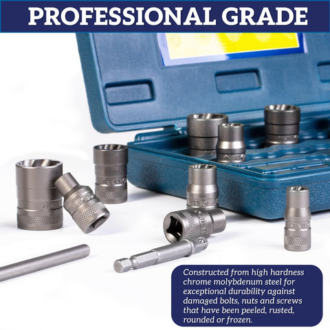 Bolt Extractor Kit Round Bolt Remover Set for Damaged Bolts and Screws displayed with a case open showing sockets and tools.