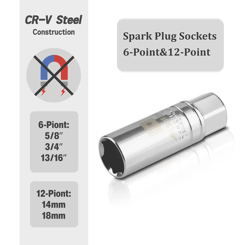 Fourteen Piece Three Eighths Drive Spark Plug Socket Set With Magnetic And Rubber Grip Sockets, Torque Wrench 5-45 Lb Ft, Swivel Joint, Extension Bar, Universal Joint, Torx And Hex Sockets, Includes 14mm And 16mm, Heavy Duty CRV Steel Build. CR-V steel spark plug socket, 6-point and 12-point sizes