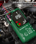 Digital Multimeter With Infrared Thermometer And Rechargeable Battery in use on car engine, displaying readings