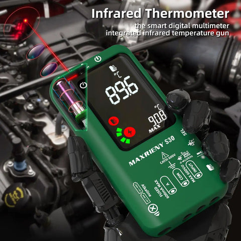 Digital Multimeter With Infrared Thermometer And Rechargeable Battery in use on car engine, displaying readings