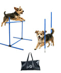 Dog Agility Jump Set With Adjustable Hurdles And Weave Poles, includes blue hurdle and poles, dog jumping and weaving