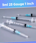 The Real Deal 3Ml Sterile Syringes With Sharp 23G 1 Inch Needles, showcasing multiple syringes on a smooth surface.