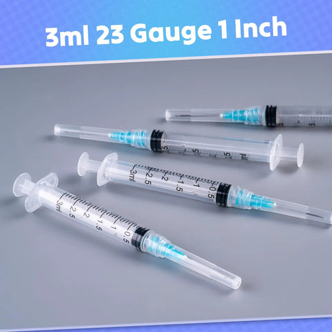 The Real Deal 3Ml Sterile Syringes With Sharp 23G 1 Inch Needles, showcasing multiple syringes on a smooth surface.