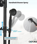 Oil Rubbed Bronze Wall Mounted Shower System With 8 Inch Rain Shower Head Tub Spout And Handheld Sprayer Three Function Diverter Double Cross Handles Solid Brass Construction featuring handheld sprayer with adjustable bar bracket.