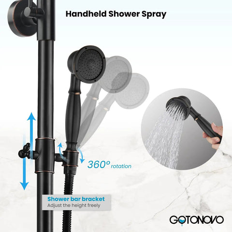 Oil Rubbed Bronze Wall Mounted Shower System With 8 Inch Rain Shower Head Tub Spout And Handheld Sprayer Three Function Diverter Double Cross Handles Solid Brass Construction featuring handheld sprayer with adjustable bar bracket.
