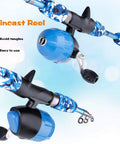 Close-up of Kids Fishing Pole Starter Kit with spincast reel featuring a blue camo rod for easy setup and use by children.