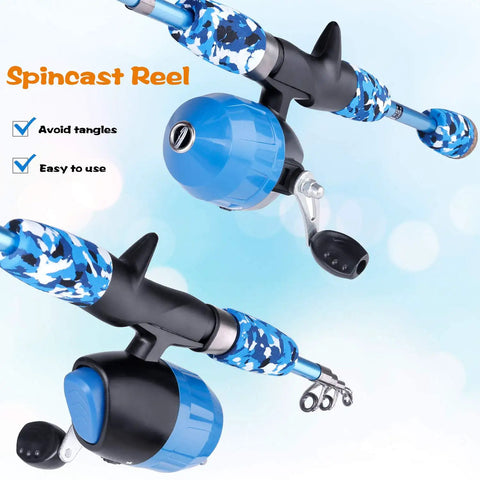 Close-up of Kids Fishing Pole Starter Kit with spincast reel featuring a blue camo rod for easy setup and use by children.