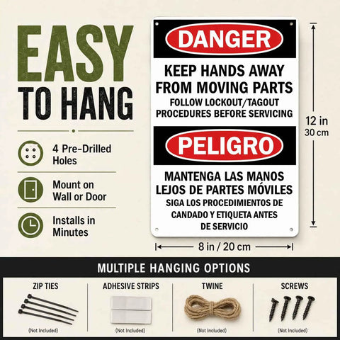Danger Hands Off Moving Parts Aluminum Sign 8x12 Inches For Workshop Factory Industrial Workplace Machinery Equipment Durable Metal Warning Sign Heavy Duty Grade Aluminum, front view