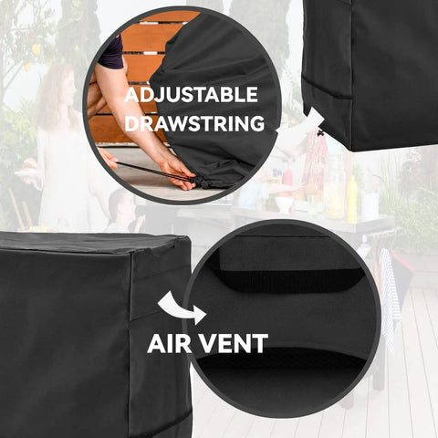 Close-up of adjustable drawstring and air vent on Outdoor Prep Table Cover Heavy Duty Waterproof Shield for Keter Unity Small Portable Table