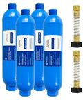 Four Pack RV Inline Water Filter Kit With Hose Protectors using blue housings and flexible connectors for camper, boat, and van life.