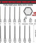 Long Reach 3/8 Inch Torx Bit Socket Set, 15-Piece T10 Through T60, S2 Alloy Steel with Universal Joint and Adapters