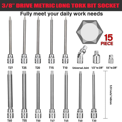 Long Reach 3/8 Inch Torx Bit Socket Set, 15-Piece T10 Through T60, S2 Alloy Steel with Universal Joint and Adapters
