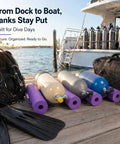 Collapsible Scuba Tank Holder With Rope Ladder Design Holds Up To 3 Air Cylinders on dock, with diving gear nearby