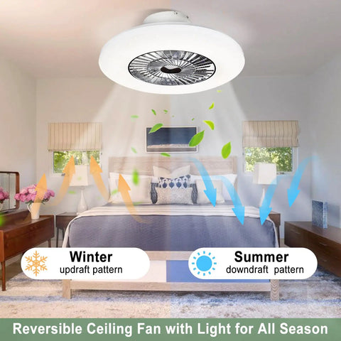 Remote LED Ceiling Fan With Light Kit 40W Dimmable, reversible flush mount in bedroom, showing seasonal airflow directions.