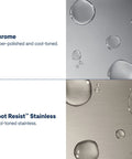 Chrome and Spot Resist Stainless finishes with water droplets showcasing No Fuss Fix With Badass Power Clean Spray And Slick Spot Resist Stainless Finish For Kitchen Or Laundry Sink Quick Connect Tool Free Mount Heavy Duty One Handle Pullout Faucet Setup.