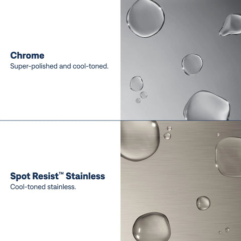 Chrome and Spot Resist Stainless finishes with water droplets showcasing No Fuss Fix With Badass Power Clean Spray And Slick Spot Resist Stainless Finish For Kitchen Or Laundry Sink Quick Connect Tool Free Mount Heavy Duty One Handle Pullout Faucet Setup.