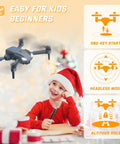 Child in Santa hat smiling with Foldable Mini Drone For Kid Friendly Fun With 1080P HD Camera And FPV Live Video Easy To Fly RC Quadcopter