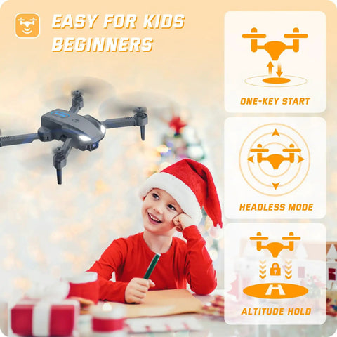 Child in Santa hat smiling with Foldable Mini Drone For Kid Friendly Fun With 1080P HD Camera And FPV Live Video Easy To Fly RC Quadcopter