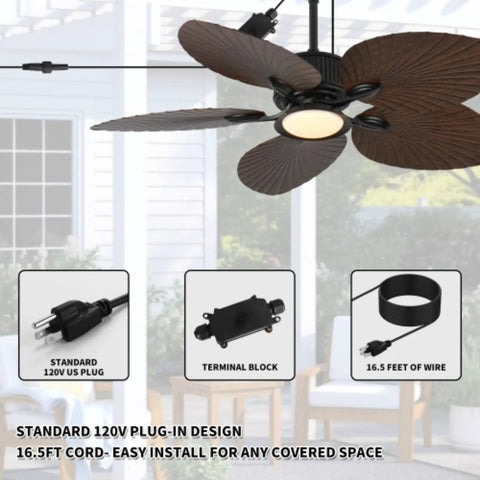 Daklpiw 52" Retro Fan Lamp Tropical Ceiling Fan with Light and Remote featuring palm blades and plug-in design.