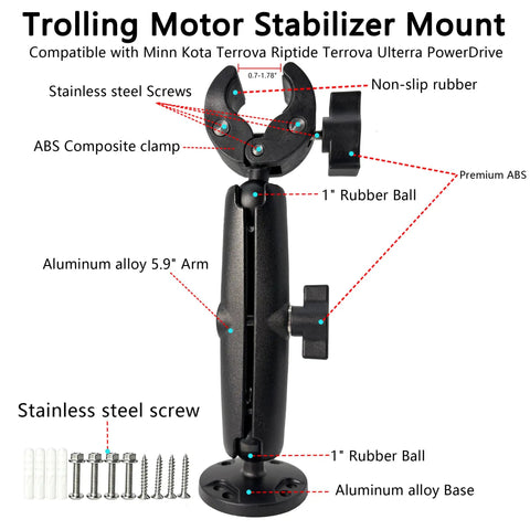 Heavy Duty Trolling Motor Stabilizer With Adjustable Shaft Clamp For Smooth Sailing And Serious Anti Vibration Grip On Rough Days featuring a robust ABS composite clamp and aluminum alloy arm.
